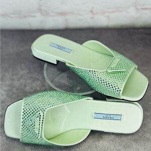 Prada Satin Crystal Embellished Green Slide Mules Sandals 37 NEW